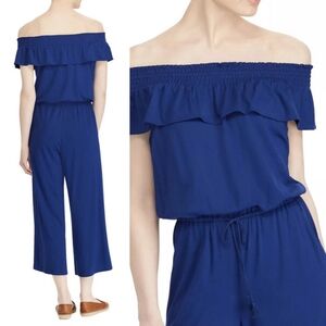 Lauren RL Blue Off Shoulder Wide Leg Cropped Jumpsuit Stretch Jersey Size Small